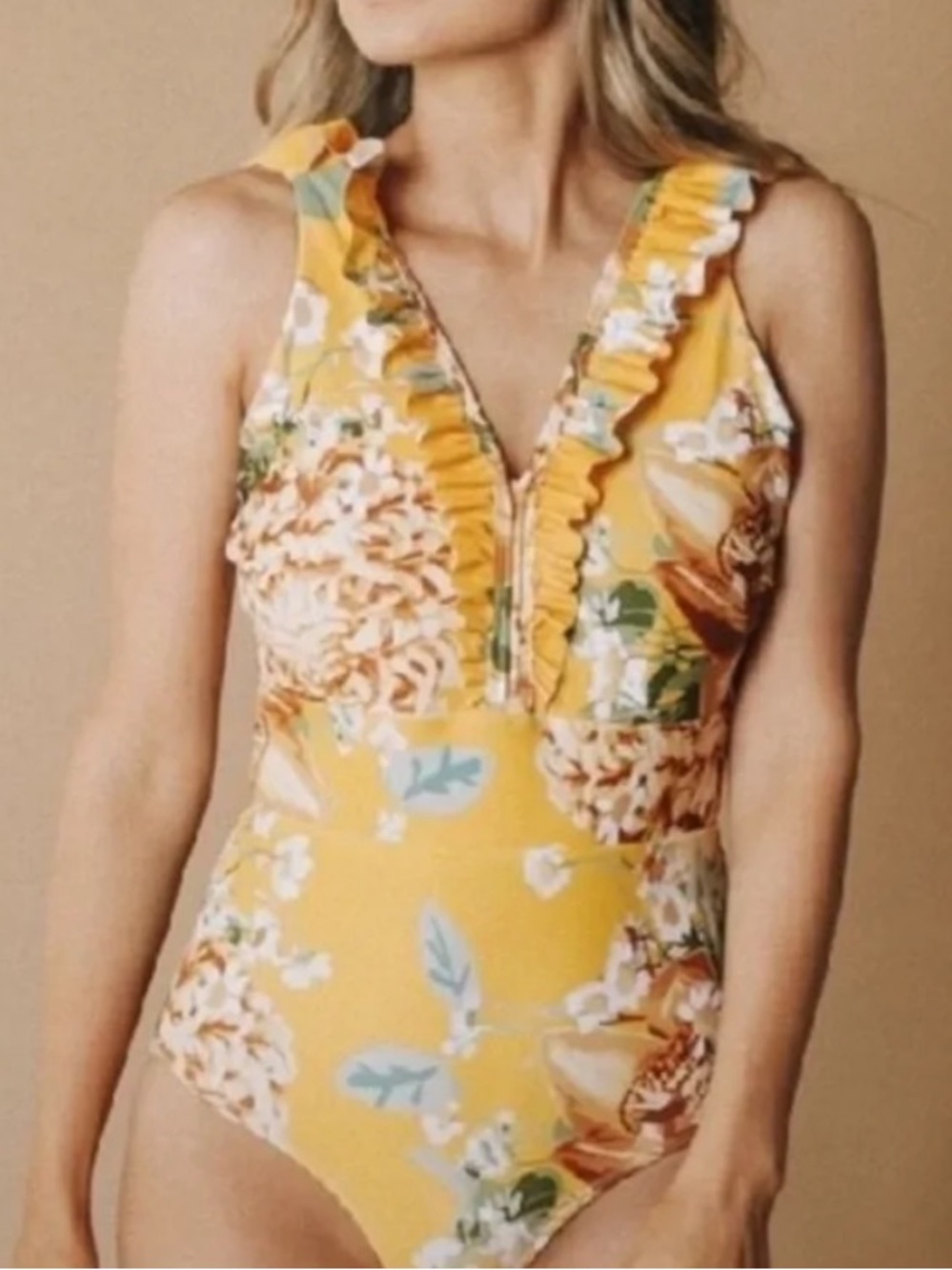 Albion Yellow Fit The Dagney One Piece Ruffle Floral Swimsuit
